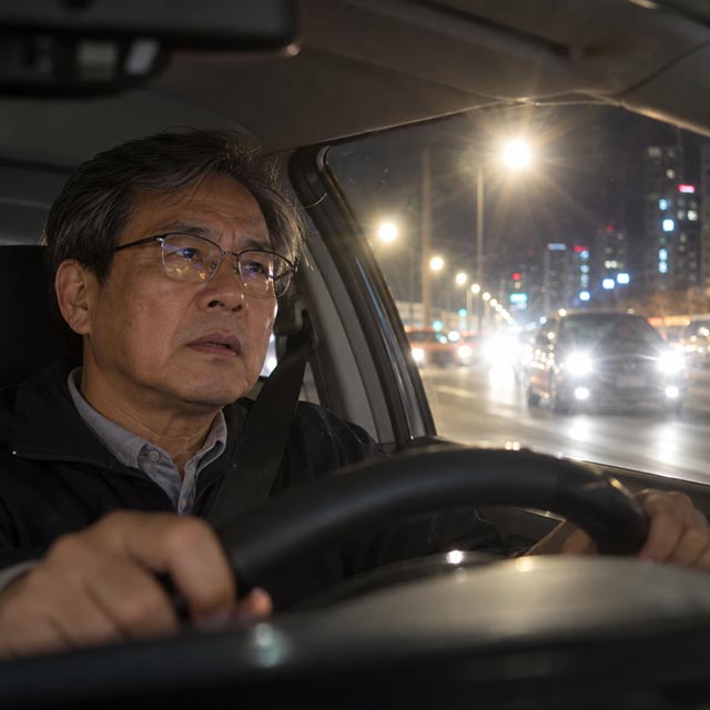 야간 운전 중 빛 번짐과 눈부심을 느끼는 장면